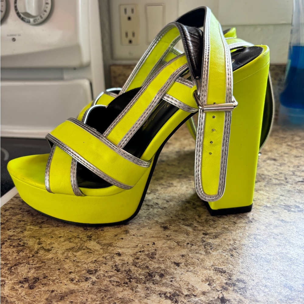 So Me Neon Yellow Platform Block Heel Sandals
